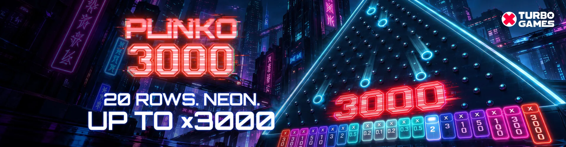Announcing Plinko 3000 — Twenty Rows, Neon, Up to ×3,000 — Turbo Games editorial banner