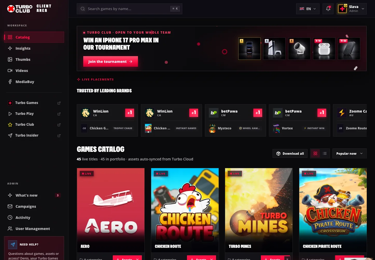 Turbo Games Client Area portal — the live game catalogue with per-game asset packs